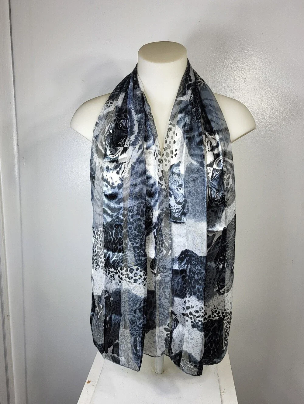 Silk Feel Sheer Black and White Animal Print Lightweight Scarf 13
